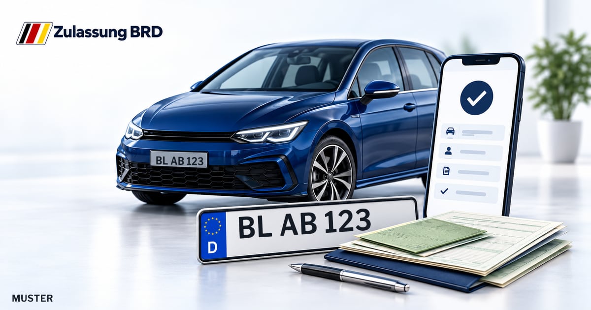Online Fahrzeugzulassung in Meßstetten: Musterkennzeichen BL AB 123, Auto und Fahrzeugpapiere und Smartphone. Illustration mit Logo von Zulassung BRD.